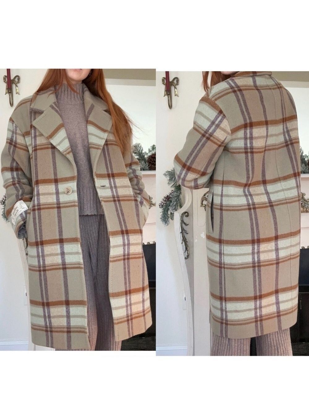 Aritzia Wilfred The Only Coat in sage green brown plaid cashmere wool Sz 8